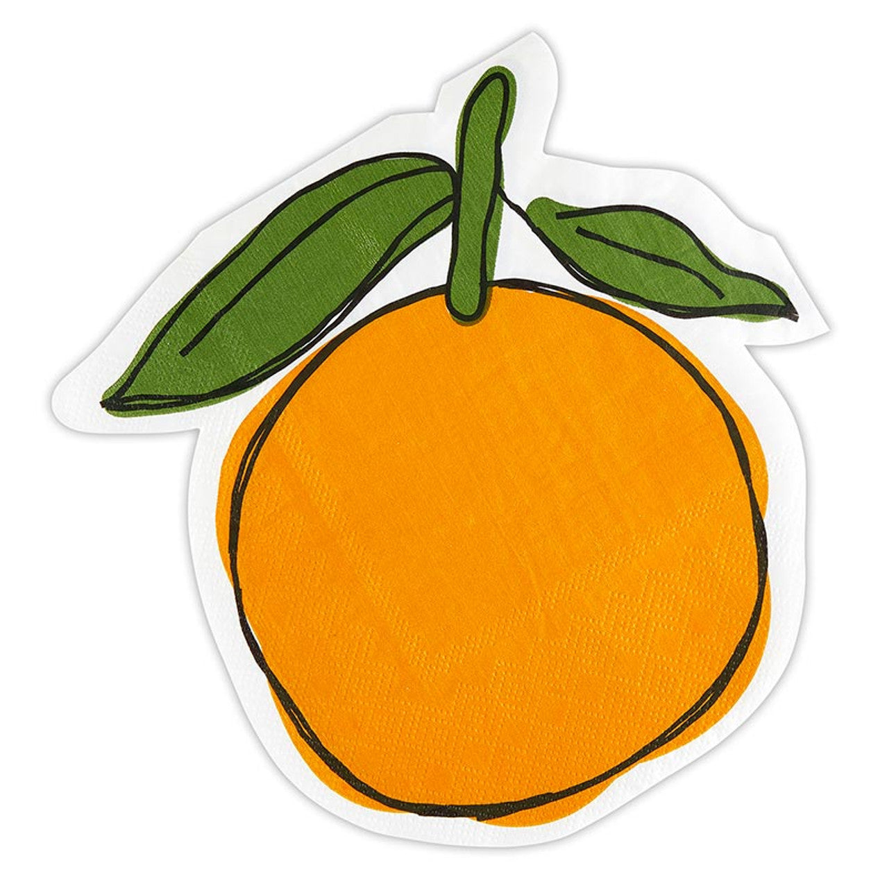 Die-Cut Cocktail Napkins - Orange: Features a bold orange illustration with green leaves on white. Available sizes: Standard cocktail napkin size.