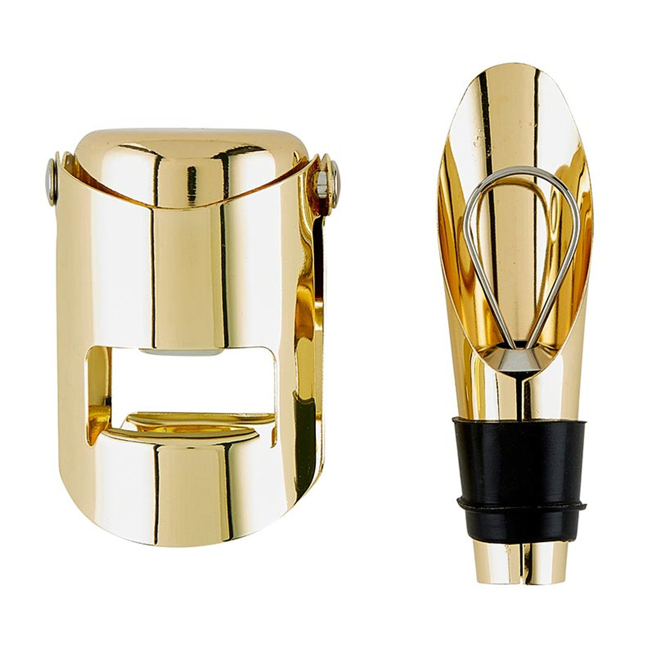 But First, Prosecco" Champagne Stopper + Pourer includes a clip mechanism stopper and a sleek, tapered pourer with a black rubber seal. Both have a polished finish and come in an elegant magnetic book box. Sizes not specified.