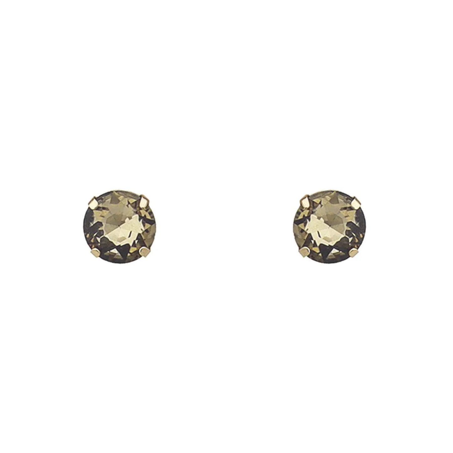 Pen Smokey Crystal Statement Stud Earrings feature round, faceted crystals set in gold-tone prongs. Available sizes: small, medium, large.
