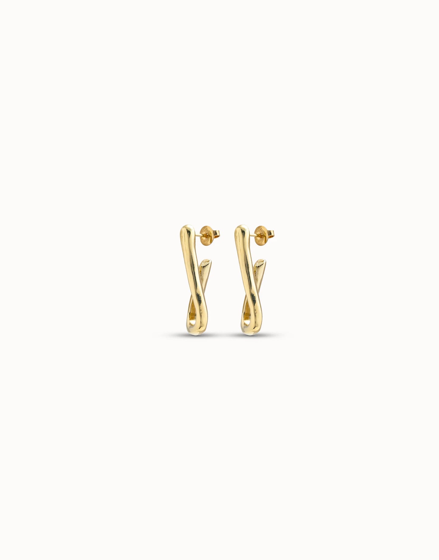 Small, handcrafted gold link-shaped hoop earrings with twisted design and stud backings; available in multiple sizes.