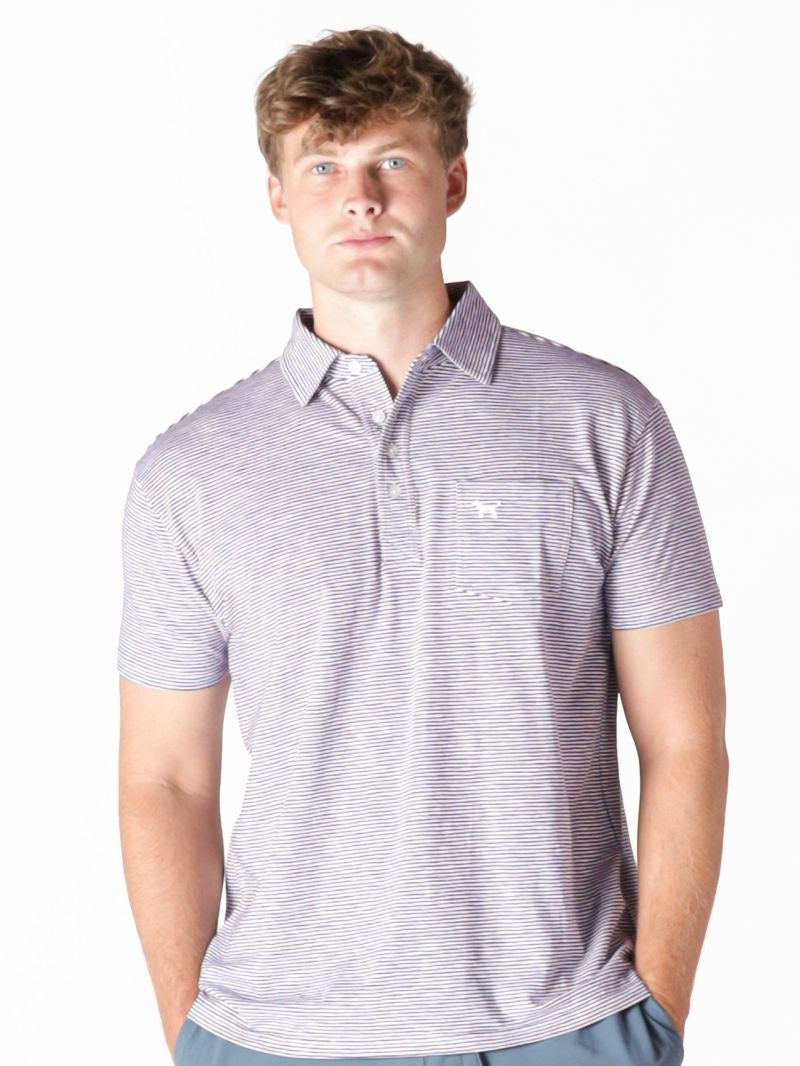 Men's Navy Striped Seaside Polo, short sleeves. Available in sizes S-XXL.