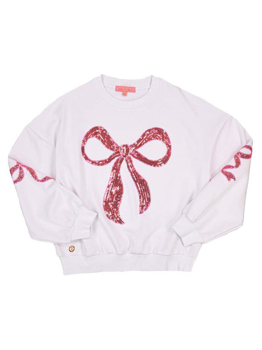 The Sequin Bow Crewneck Sweatshirt has a white base with a pink sequin bow on the front and smaller bows on the sleeves. It features a ribbed neckline, cuffs, and hem, plus a small round button at the bottom left. Sizes: XS, S, M, L, XL.