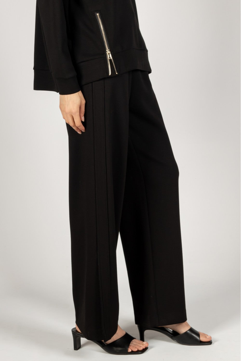 **P. CILL Butter Modal Side Binding Wide Leg Pants**: Black, wide-leg pants with side binding detail. Available sizes: S, M, L, XL.