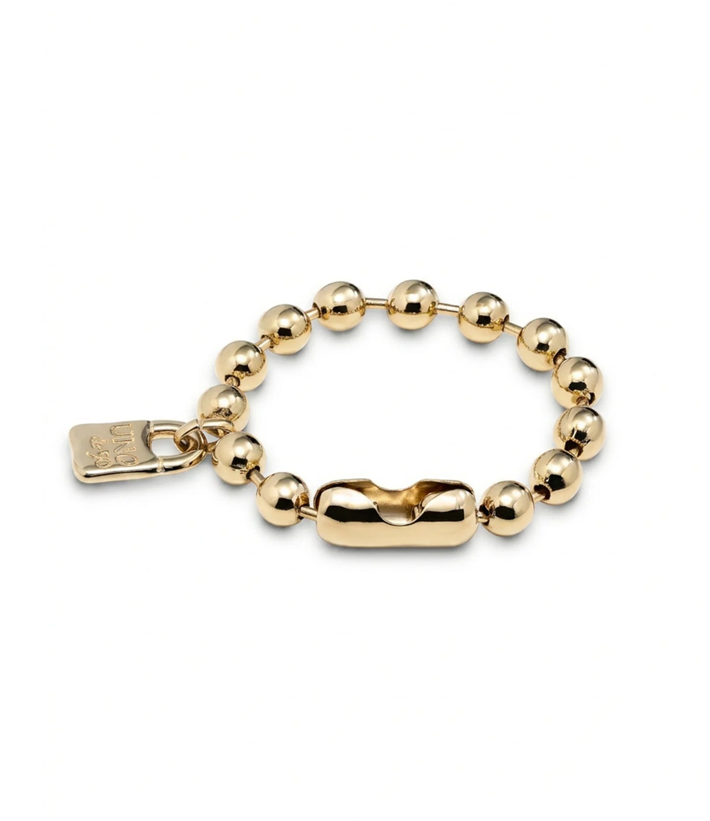 Gold-plated beaded bracelet with a shiny rectangular padlock charm and a small tag; available in multiple sizes.