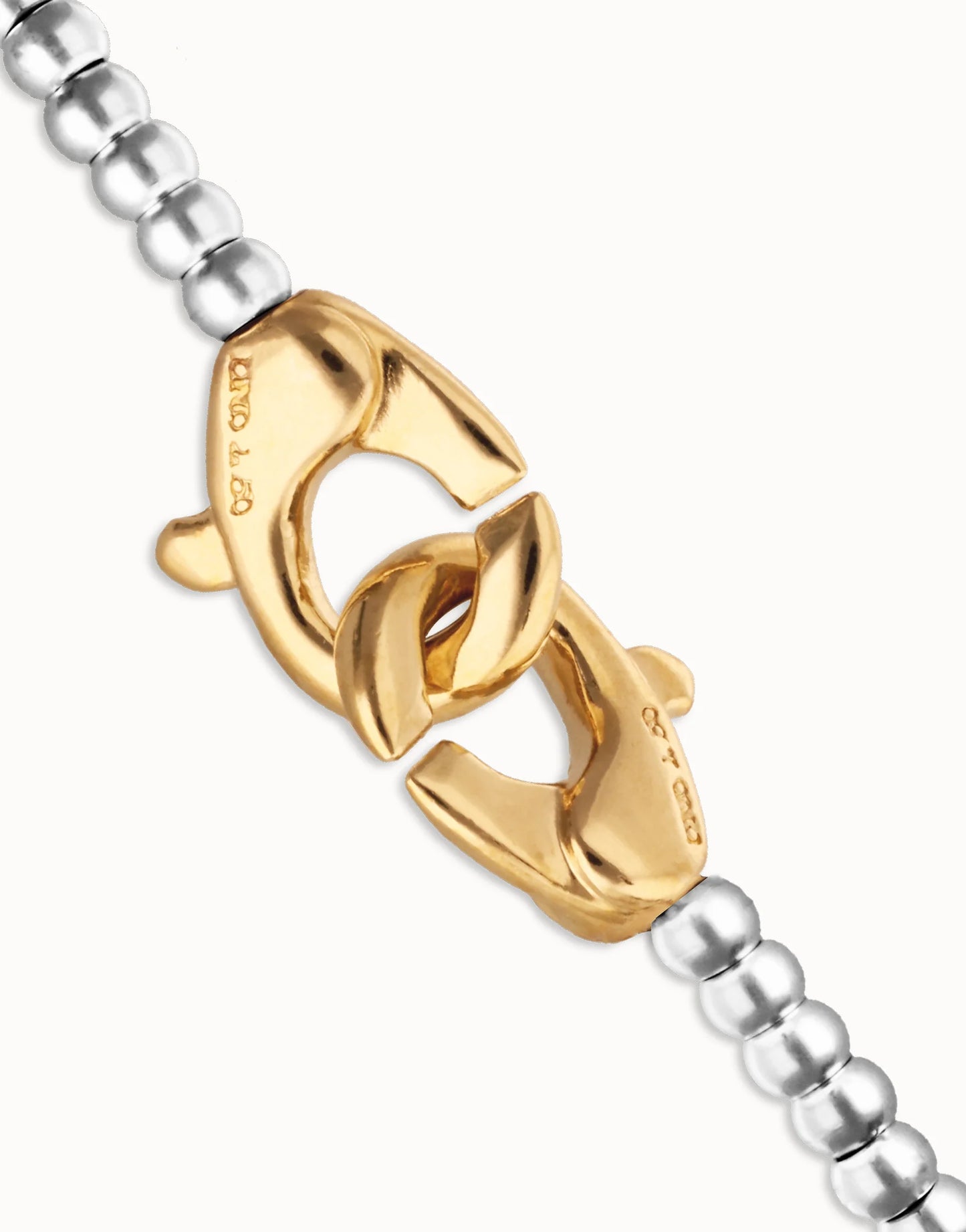 Beaded Bracelet with gold-toned engraved carabiner clasp, connecting two silver beaded chains in a two-tone design; available in multiple sizes.