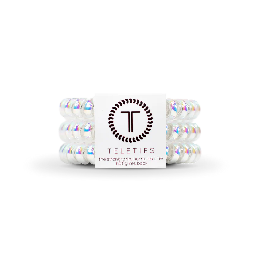 TELETIES Hair Ties: Pack of three spiral iridescent ties providing strong grip and no-rip design. Available in standard size.