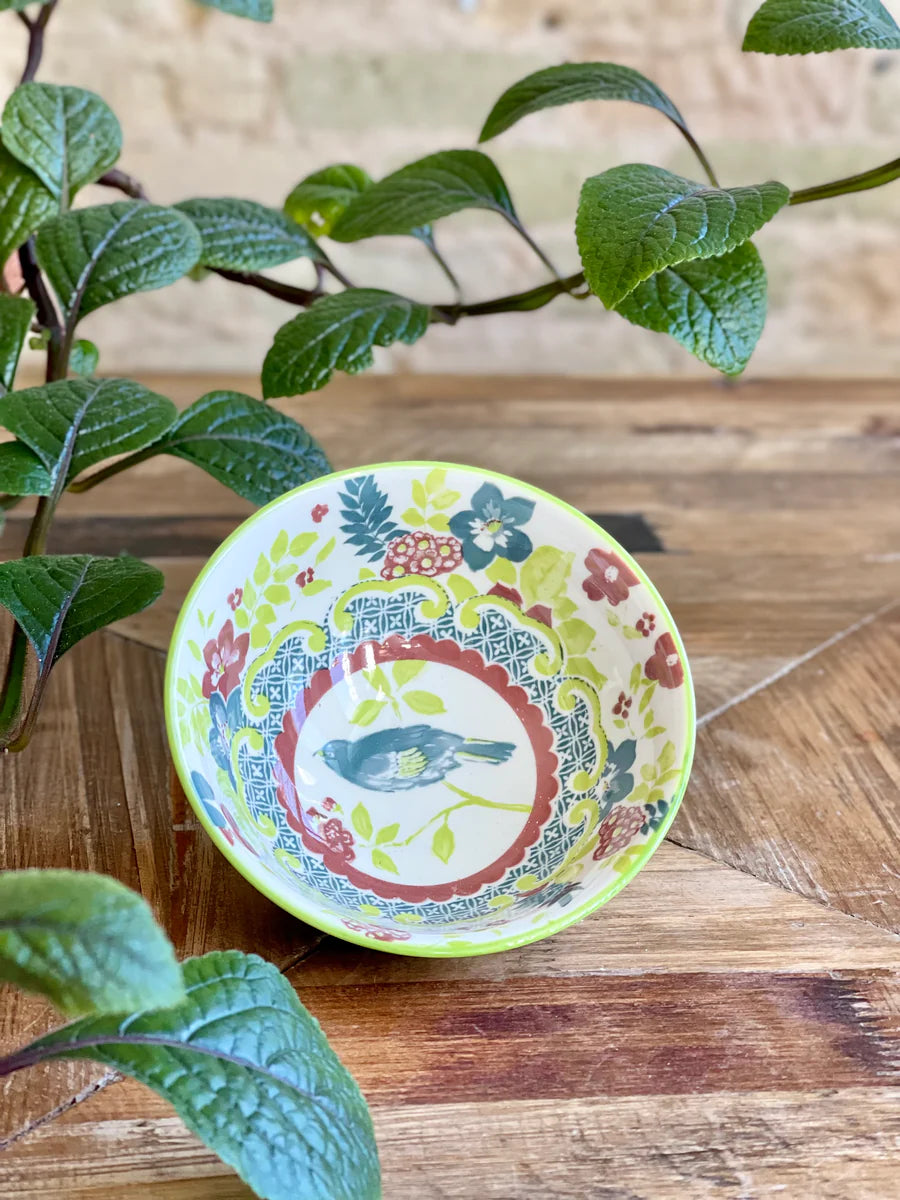 Classic Collection Tidbit Bowl from Patina Vie with vibrant bird and floral design, available in multiple sizes.