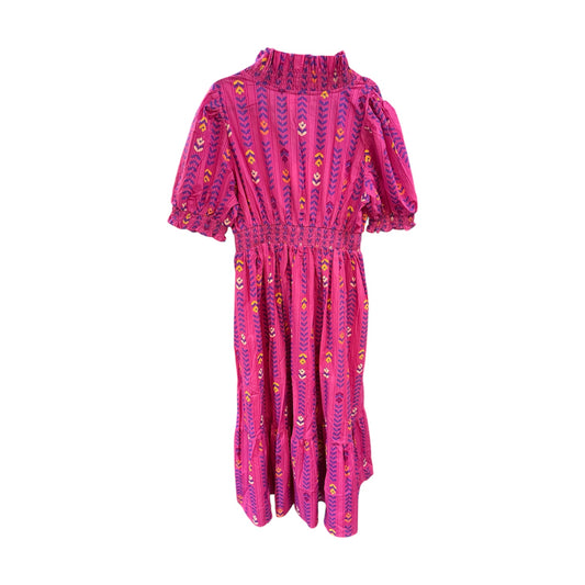 Flowy knee-length Magenta Garden Midi Dress with smocked collar, puffed sleeves, vibrant stripes. Sizes XS–XL.