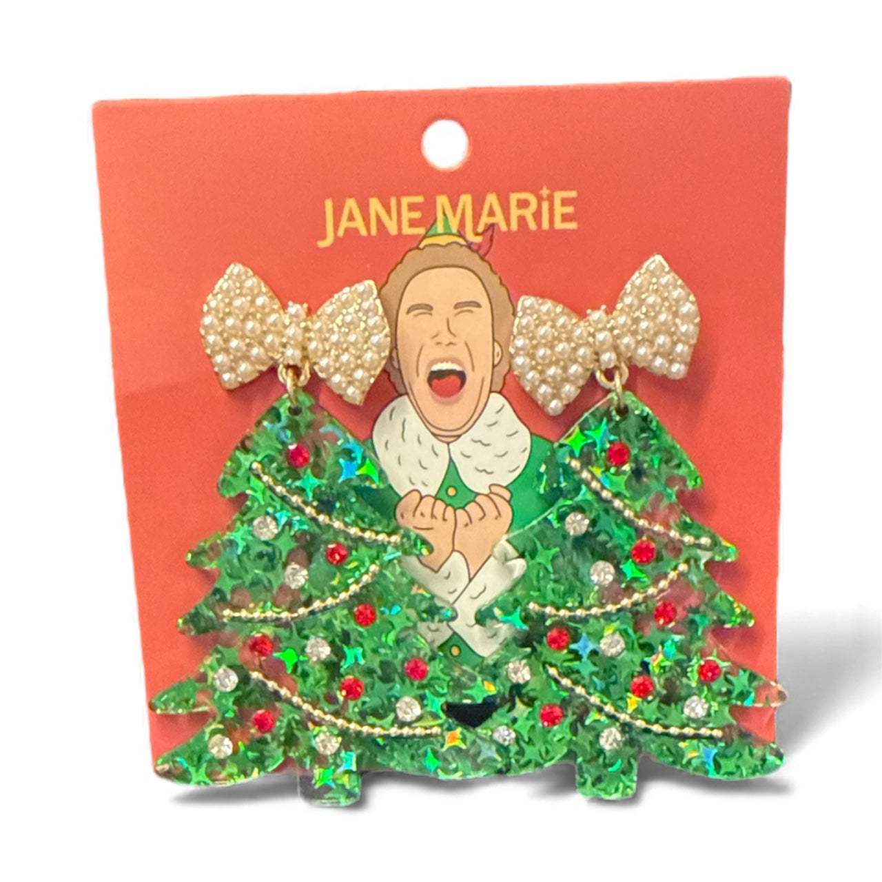 Green Acrylic Christmas Tree Earrings with Pearl Bow