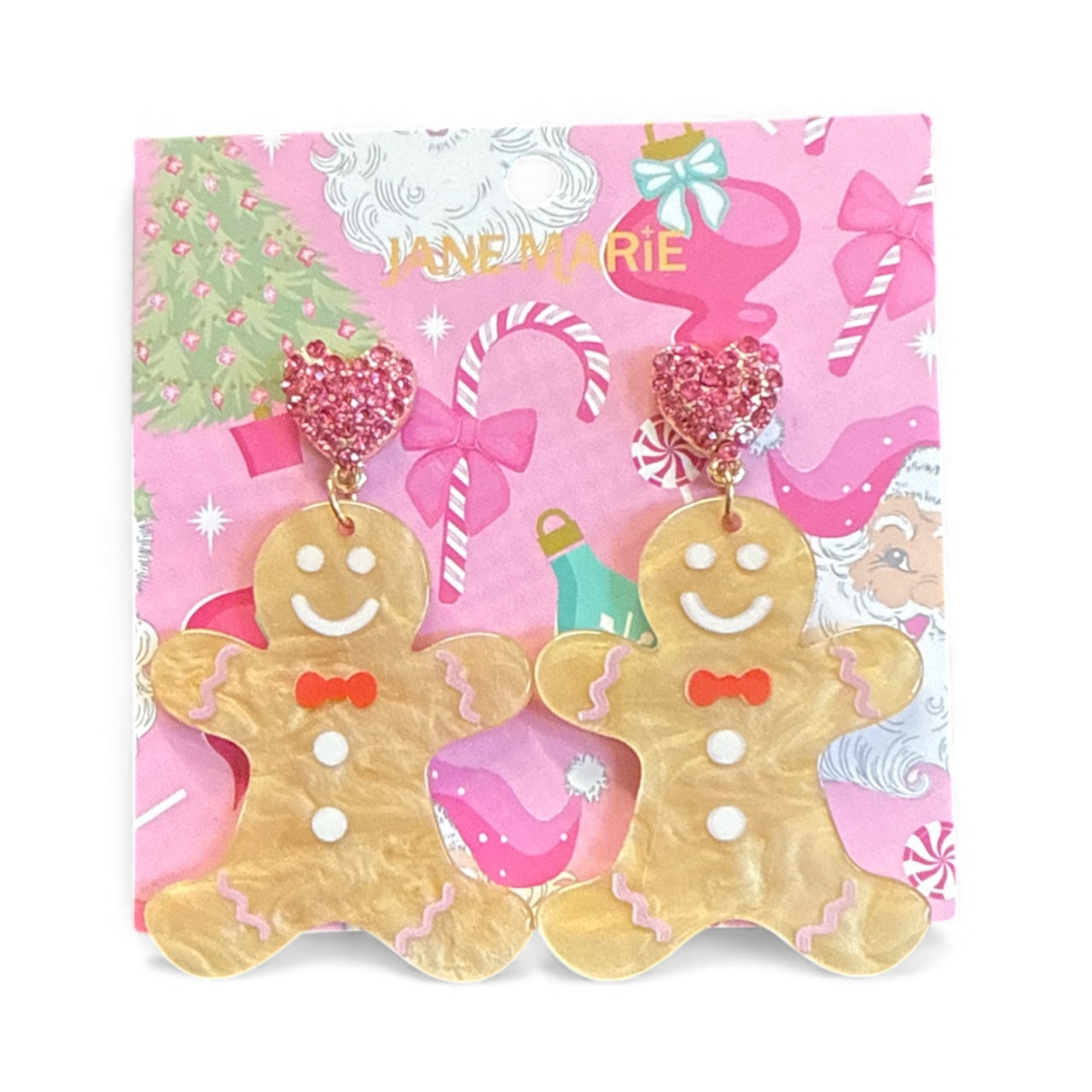 Holiday Acrylic Gingerbread Post Earrings with Pink Crystal Heart