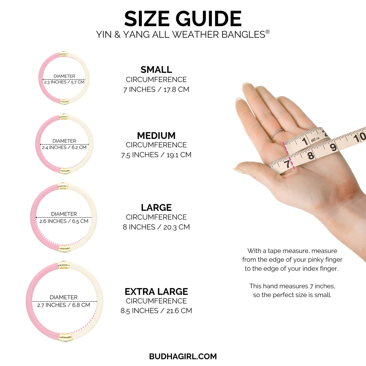 Pink & Ivory Single Yin & Yang All Weather Bangle®. Sizes: S (7"), M (7.5"), L (8"), XL (8.5"). Four size diagrams shown.