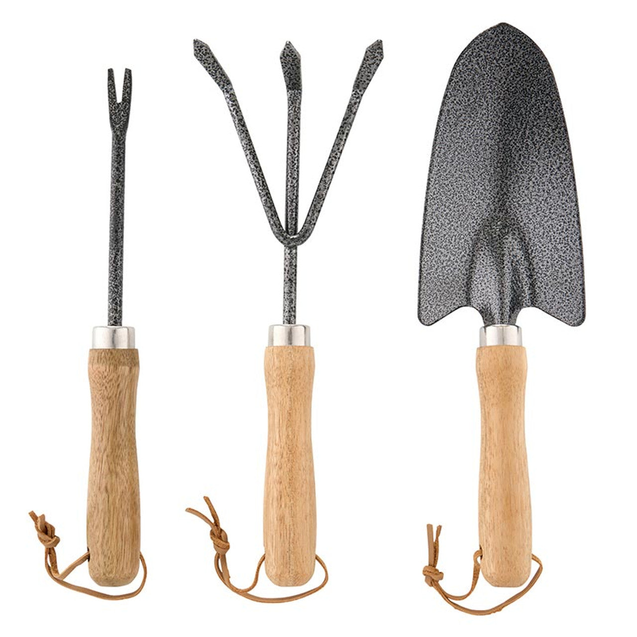 The Garden Tool Set Book Box - Live Love Grow includes a pointed fork weeder, a three-pronged cultivator, and a broad curved blade trowel. Tools are made with Canton Steel heads, Beech Wood handles, and leather straps. Sizes available: Not specified.