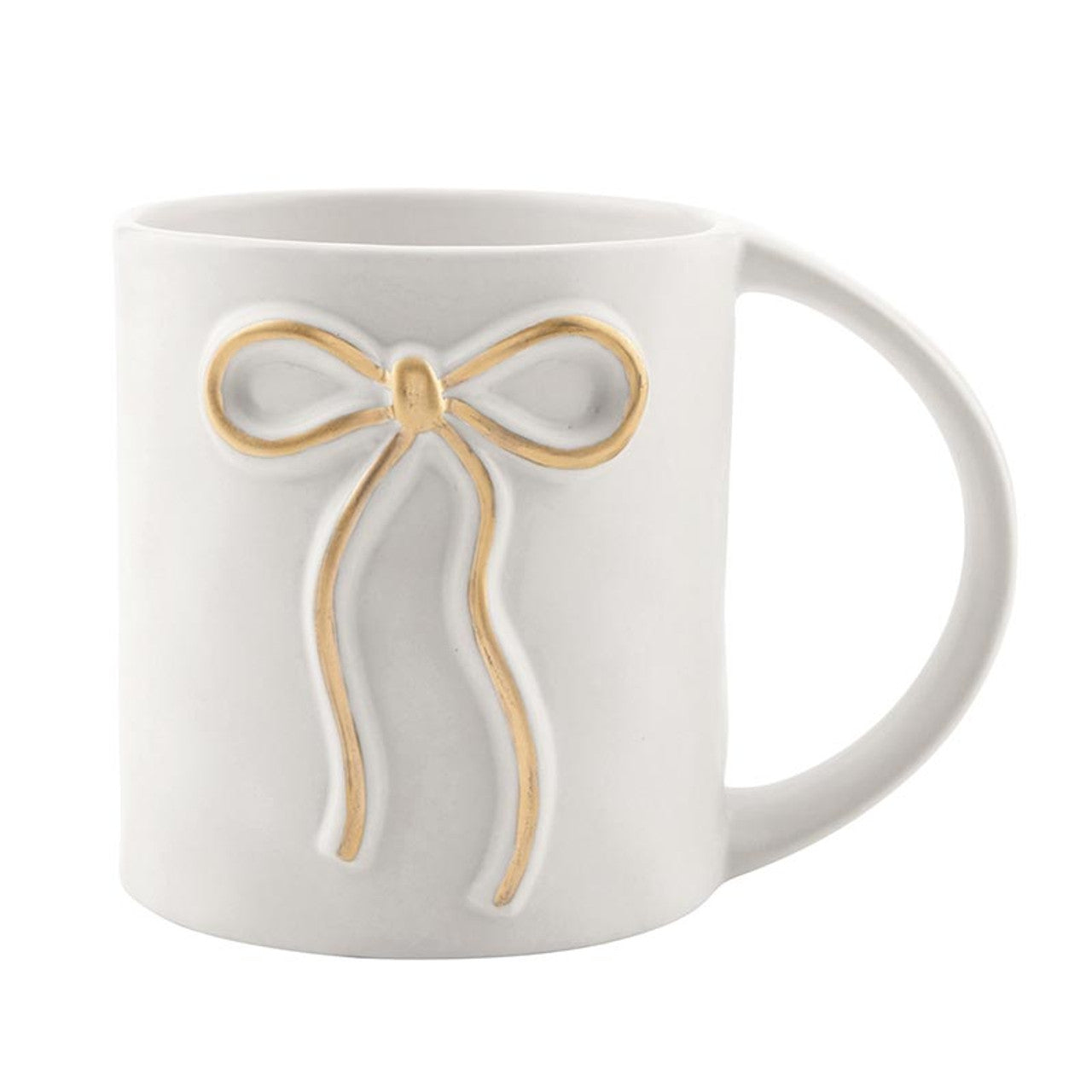 White stoneware mug with a raised gold-outlined bow and wide curved handle. Available sizes: 12oz, 16oz.