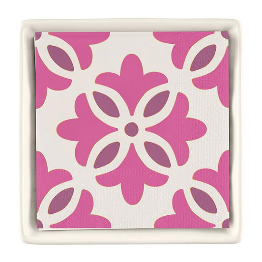 Ceramic napkin tray with pink floral square paper cocktail napkins. Available in one size.