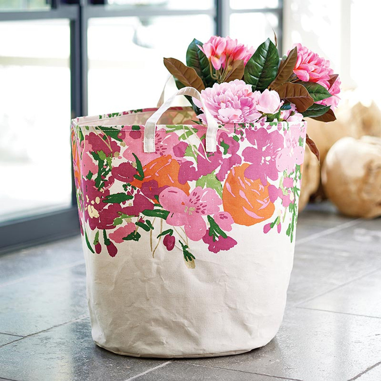 Large Canvas Storage Tote - Flower: Sturdy canvas tote with pink and orange floral patterns and green leaves. Available in Large size.