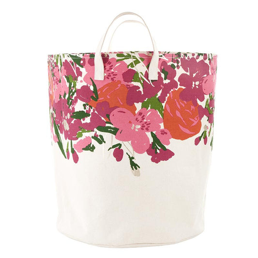 Large Canvas Storage Tote - Flower: Durable white cotton tote with two handles and vibrant pink, red, and green floral design near the opening. Available in Large size.