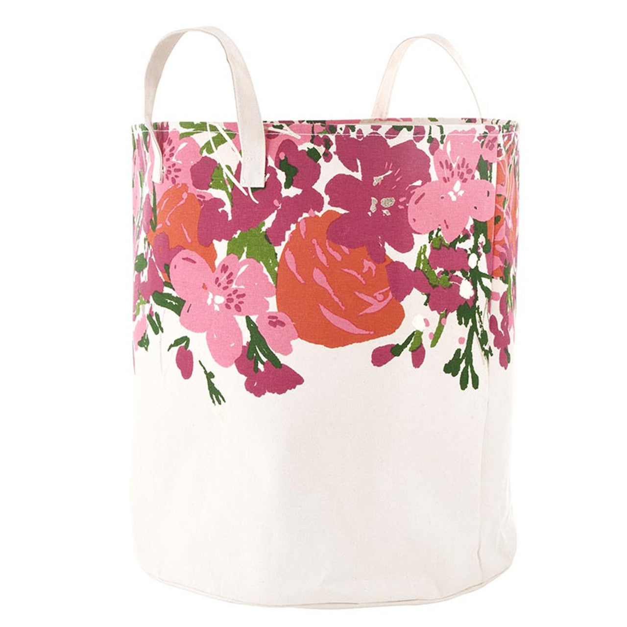 Large Canvas Storage Tote - Flower White cotton storage bin with two handles, vibrant pink, purple, and green floral design near the top. Available in size: Large.