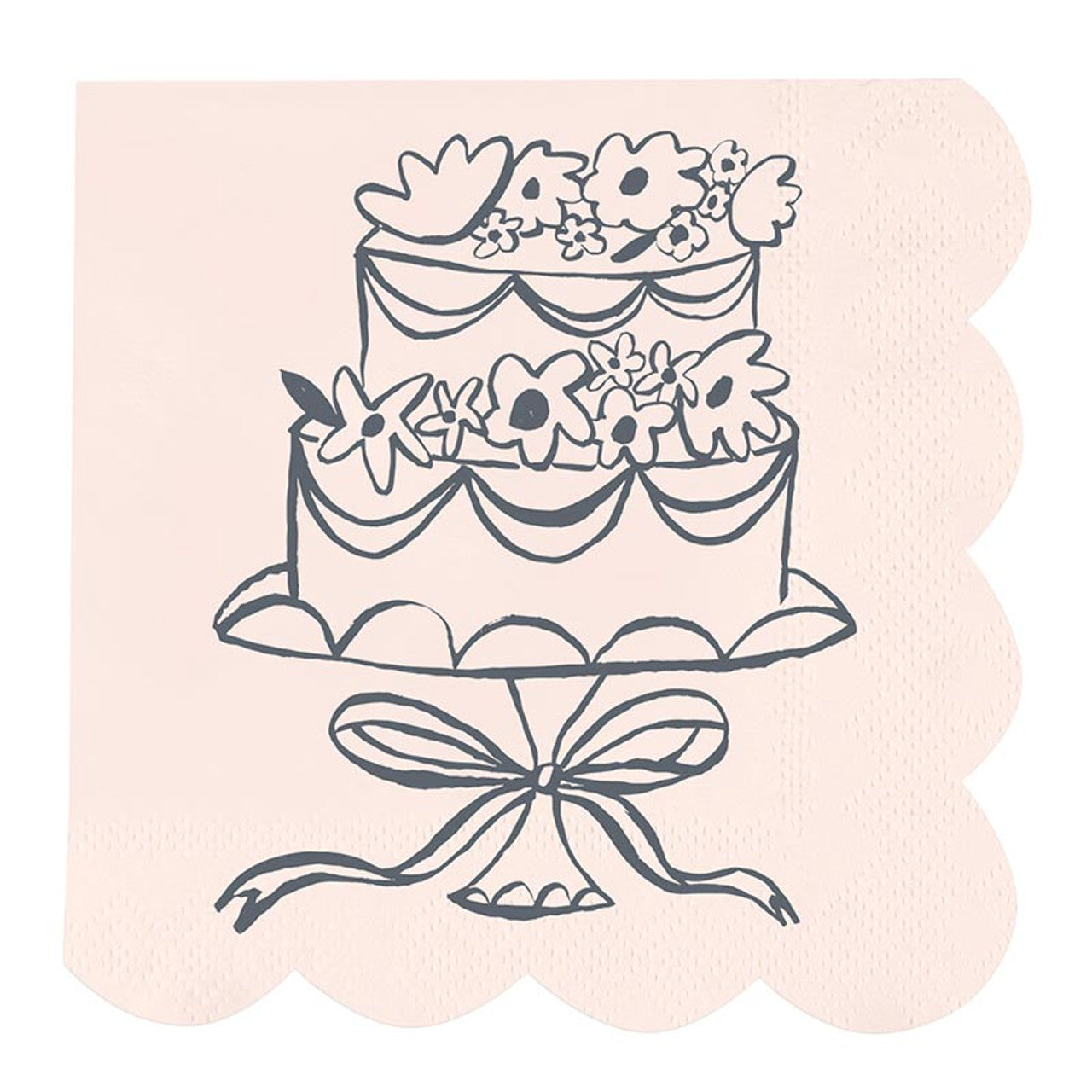 The Scalloped Cocktail Napkin - Cake showcases a sketched black illustration of a two-tiered cake with floral decorations and a bow-topped stand. Available in one size.