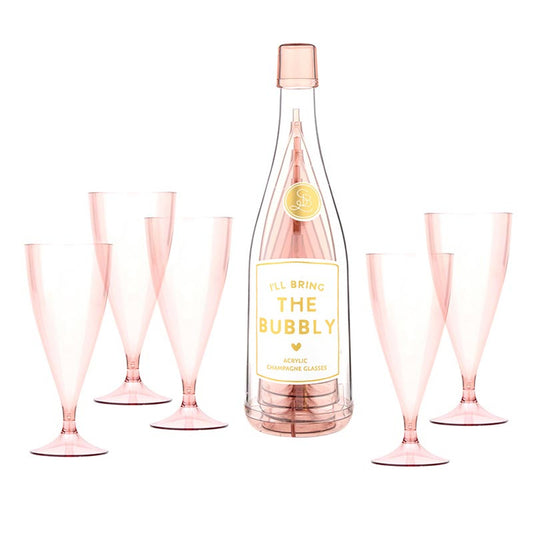 Set with one acrylic champagne bottle and six stackable translucent pink glasses; sizes not specified.