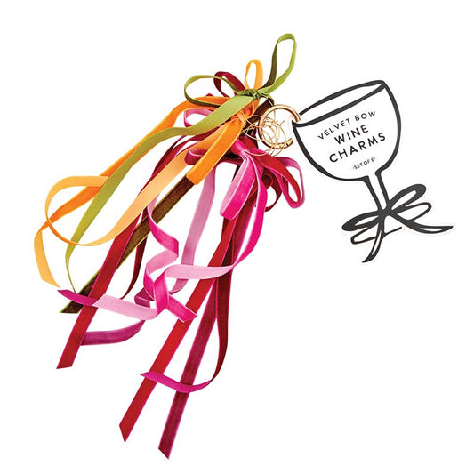 Velvet Bow Wine Charms set includes colorful velvet bow charms in shades of red, pink, orange, and green. Set of 6 charms on metal rings.