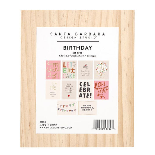 The Greeting Card Set with Wood Box - Birthday includes 10 cards and envelopes featuring colorful designs and messages like "Celebrate" and "Happy Birthday." Each card is 4.25" x 5.5", packaged in a charming wood box.