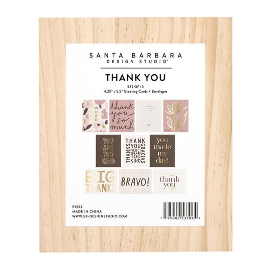 Set of ten assorted thank you cards with phrases. Sold as blank note cards or in a keepsake wood box. Sizes available.