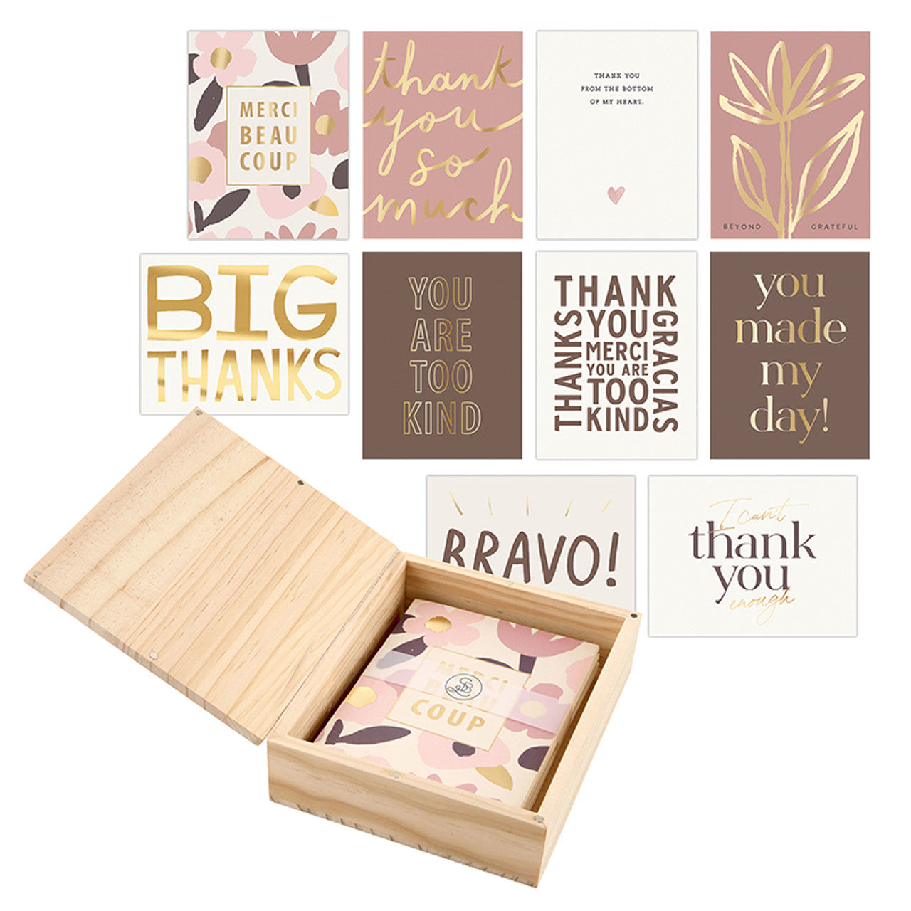Wooden box with 10 thank you cards in gold, beige, and pink. Each card is unique; set size: 4x6 inches.