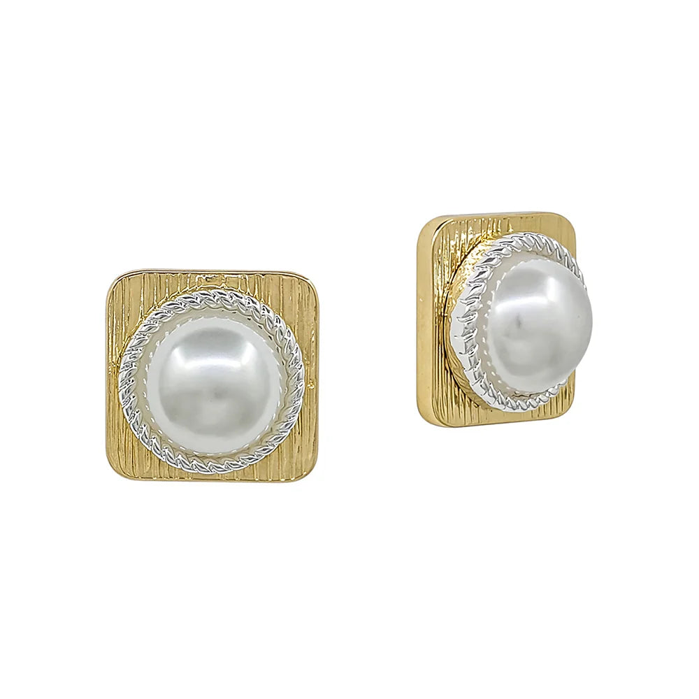 Rama Gold Pearl Stud Earrings: gold square studs with a textured finish, centered white pearl, and silver braided border. Available in small and medium sizes.