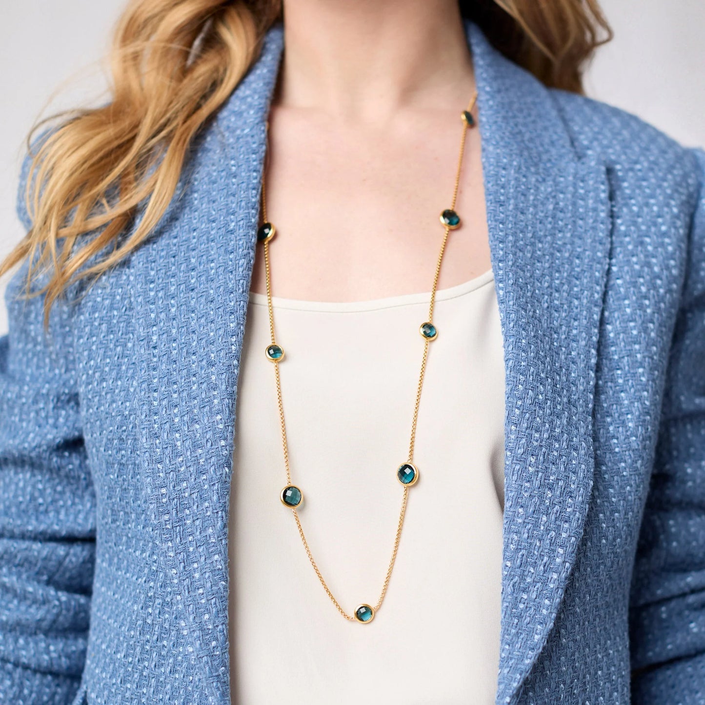 Rainbow Station Necklace | Montana Blue: 24K gold-plated, blue gemstones. Available in 16", 18", and 20" lengths.