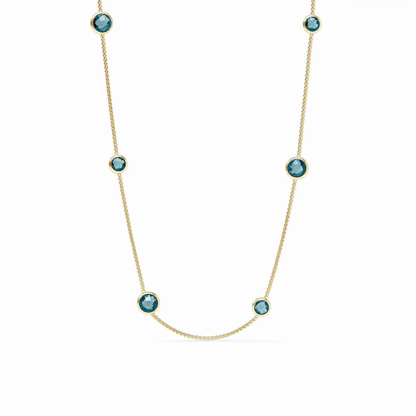 24K gold-plated necklace with five round Montana blue gemstones in gold bezels. Sizes available: See product listing.