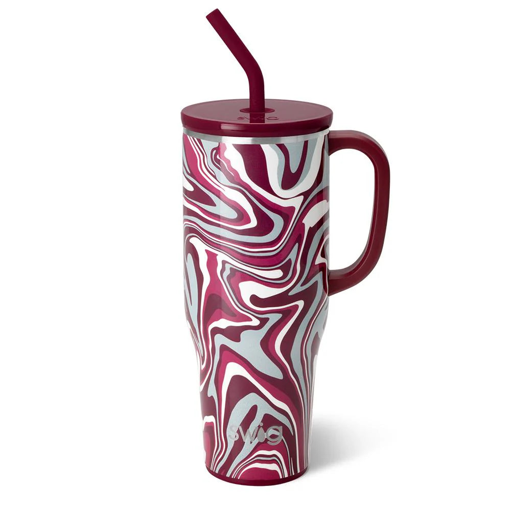 40oz stainless steel tumbler with handle, lid, maroon-white-gray marbled swirl, maroon straw; cup holder friendly.