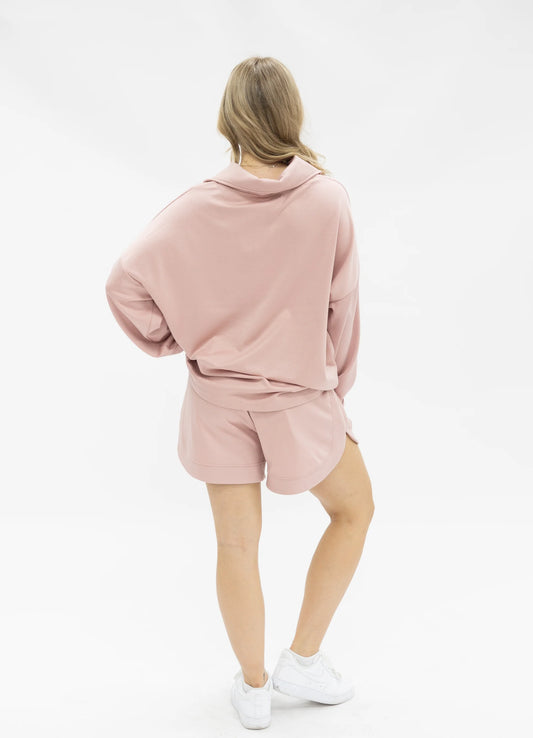 Pink Butter Soft Shorts with elastic waistband; available in sizes XS-XL.