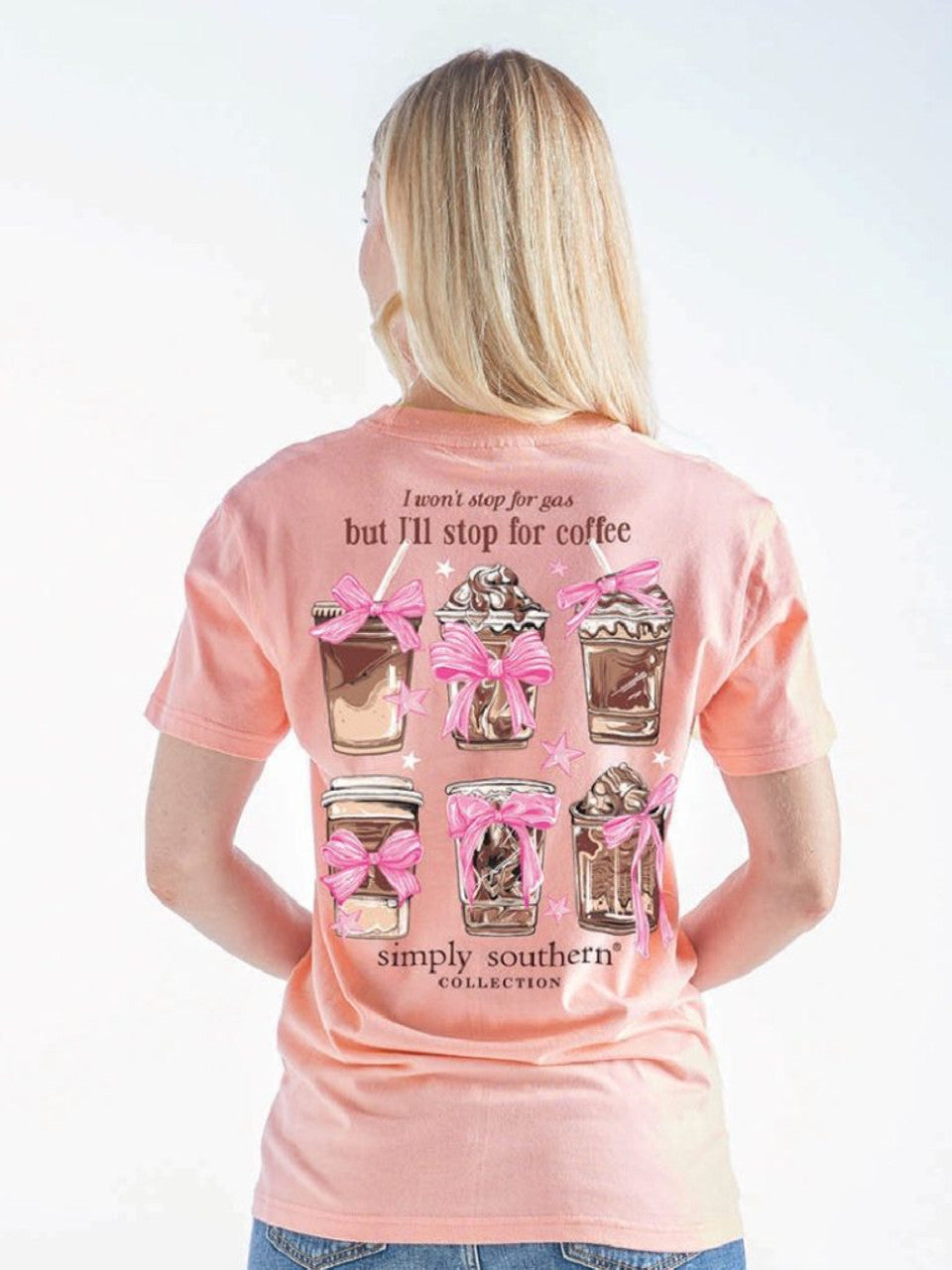I'll Stop for Coffee Peach T-Shirt by Simply Southern, six coffee drinks, bows, phrase on back; available in S-XXL.