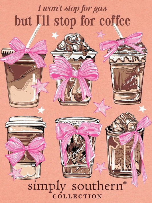 I'll Stop for Coffee Peach T-Shirt" with iced coffee graphics and slogan. Sizes: S-XL.