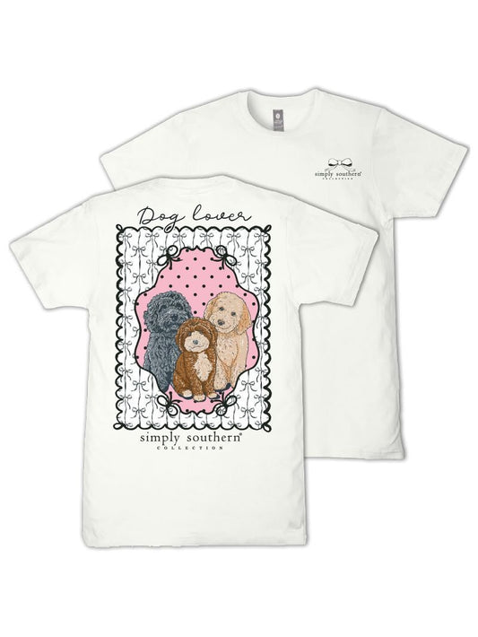 White cotton tee with front logo, back dog print, "Dog Lover" text. Available in sizes S-XXL.