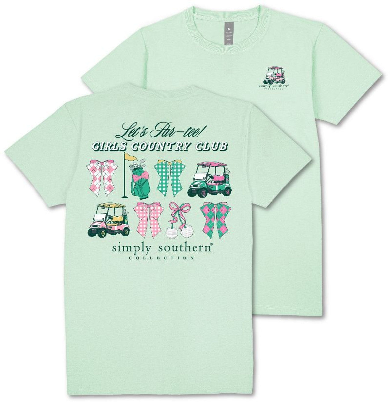 Mint t-shirt with small front golf cart, large back golf theme design and text. Available in sizes S-XXL.