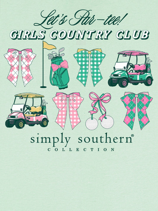 Mint Golf T-Shirt with plaid bows, golf carts, pink accents; text: "Let's Par-tee!" Sizes: S-XXL.