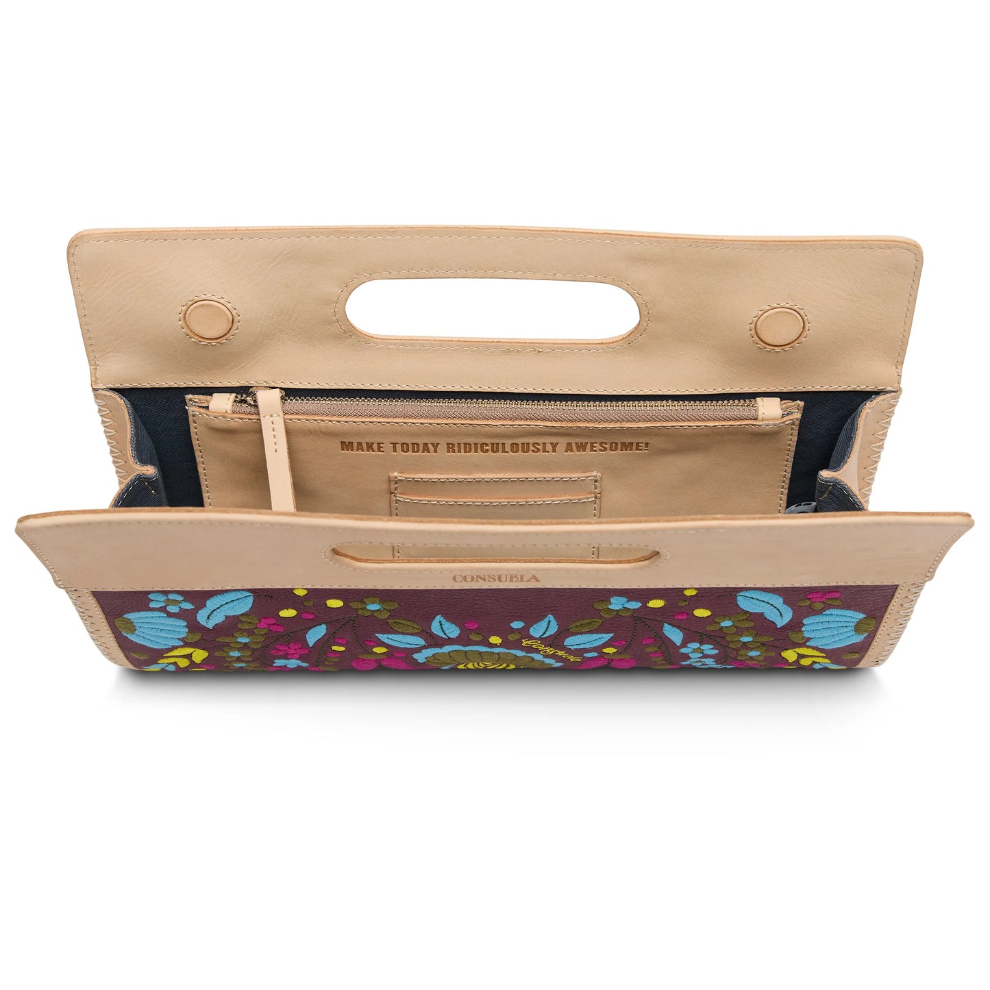 Tan leather clutch with handle cutout, floral embroidered flap, inscribed inner pocket. Available in small and large sizes.