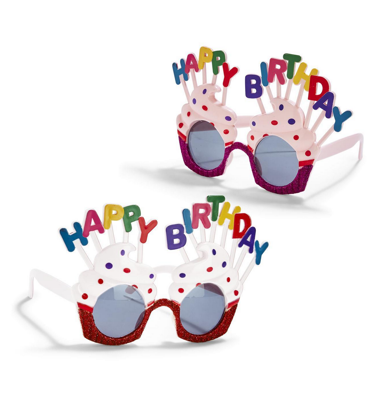 Two pairs of cupcake-shaped Birthday Party Glasses with polka dots, "HAPPY BIRTHDAY" text. One size fits most.