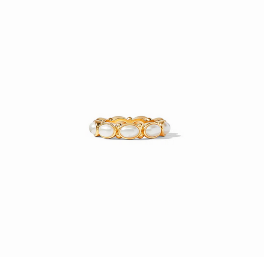 The Mykonos Ring has round imported glass pearls on an 18K gold-plated band. Available in sizes 5-8.