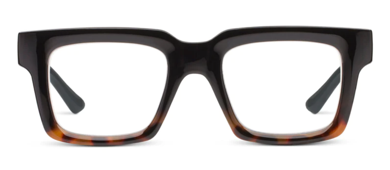 Rectangular eyeglasses with thick, dark brown frame and subtle tortoiseshell detail on bottom; available in multiple sizes.
