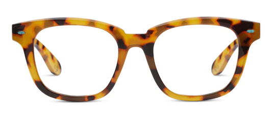 Peepers Sandstone eyeglasses: soft square, thick yellow-brown tortoiseshell frame. Sizes available: small, medium, large.