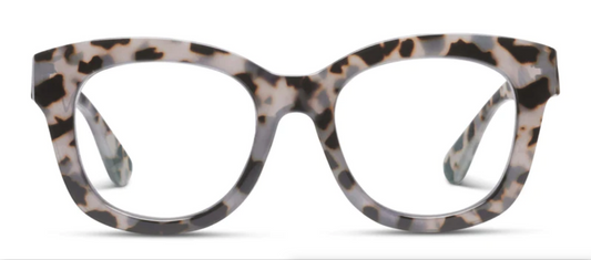 Peepers Center Stage Focus eyeglasses with oversized rounded square frames, black/white/gray tortoiseshell. Sizes: S, M, L.
