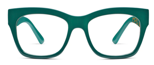 Thick, rectangular teal frames with clear lenses. Available in multiple sizes. Peepers- C'est La Vie eyewear.