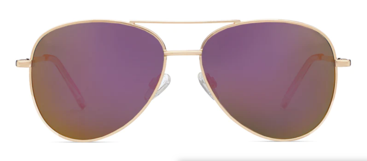 Peepers Ultraviolet Bifocal Sun sunglasses: gold aviator frames, purple mirrored lenses. Sizes available: small, medium, large.