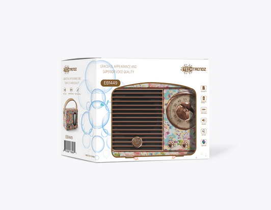 Floral Vintage Speaker with retro floral patterns, large tuning dial, and Bluetooth technology. Sizes available: Medium.