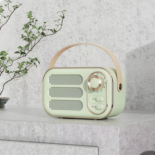 Vintage Bluetooth Speaker with beige handle and control knobs. Available in small, medium, and large sizes.