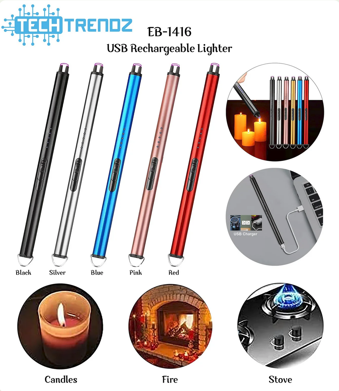 Promotional image for USB Rechargeable Lighter, showcasing five colors: black, silver, blue, pink, and red. Demonstrations include use with candles, fire, and a stove; features USB charging port. A sustainable lighting solution. Available sizes: One size fits all.
