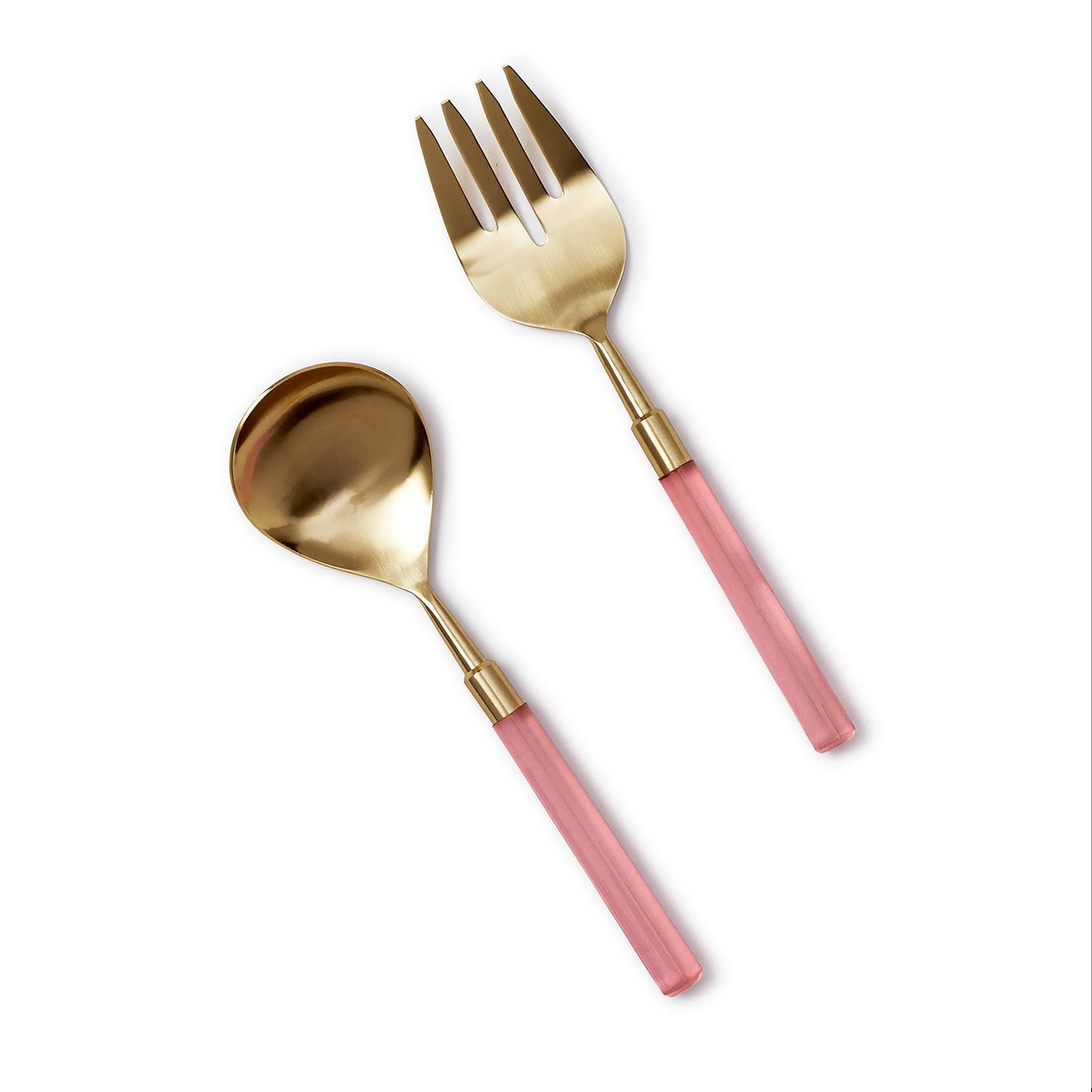 The Pink Blush Set of 2 Servers includes a gold-colored spoon and fork with shiny pink handles crafted from acrylic stainless steel. Modern design with smooth, rounded edges and metallic finishes. Perfect for serving salads or as an elegant gift. Available in one size.