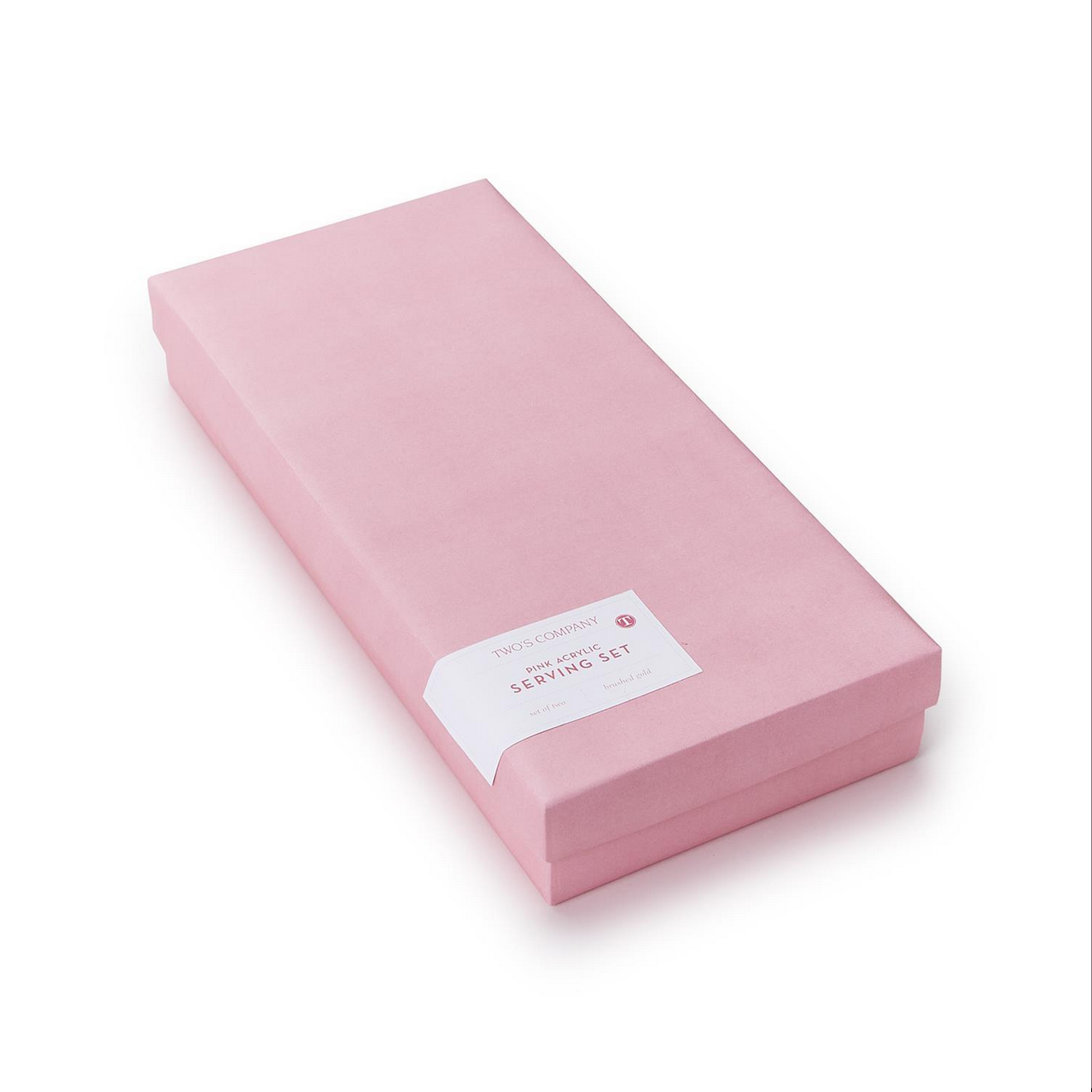 A light pink closed rectangular gift box labeled "Pink Blush Set of 2 Servers." Made of acrylic stainless steel. Available sizes: Not specified.